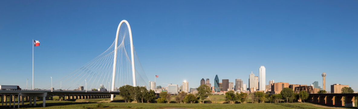 USA, Texas, Dallas, panorama of Margaret Hunt Hill Bridge, railway bridge and skyline