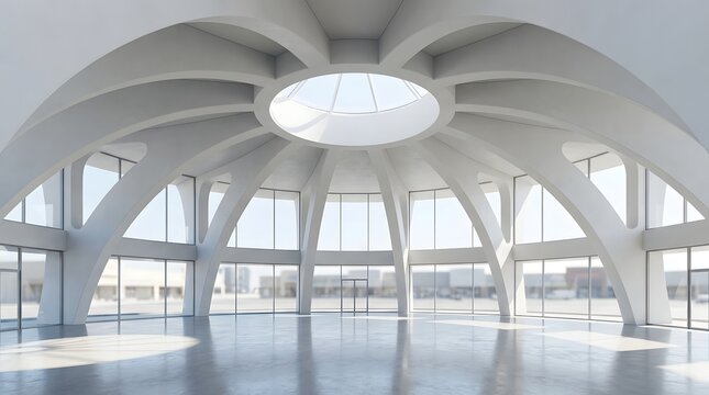 Modern architectural interior of a bright spacious hall with curved concrete ceiling and large glass windows