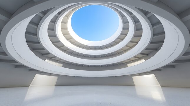 Low angle view of a modern circular building interior with a bright blue sky seen through skylight