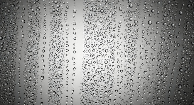 Abstract Backdrop Featuring Numerous Clear Water Droplets on a Smooth Glass Surface with Elegant Soft Gray Lighting and Gradient Texture