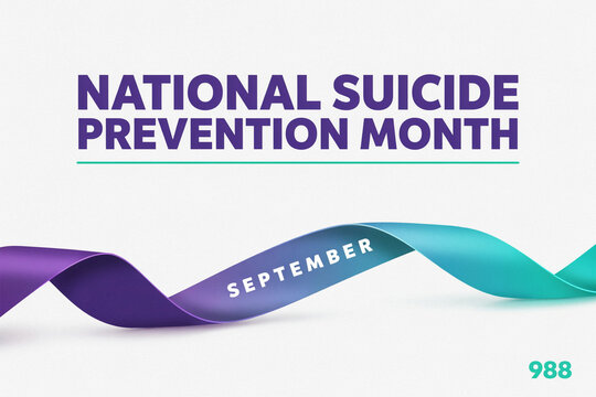 National suicide prevention month awareness banner with september awareness ribbon and helpline number 988 prevention awareness september helpline national