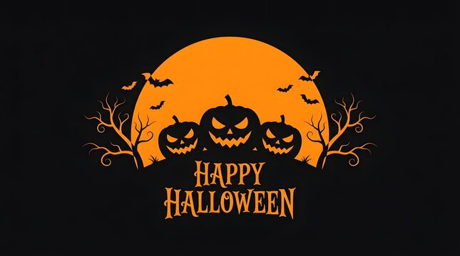 Three spooky carved jack o lanterns sitting in front of a giant orange full moon with happy halloween text