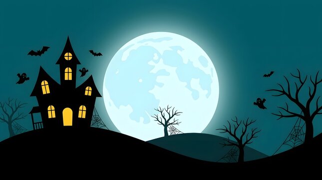 A spooky haunted house silhouette standing on a dark hill under a large glowing full moon in the night sky