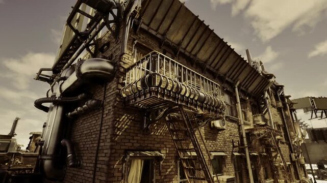 dramatic corner of industrial brick building at dusk, pipes and vents silhouetted against clouded sky, cinematic tones and strong architectural lines