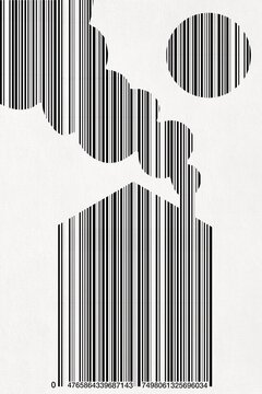 Barcode illustration of a polluting factory and consumerism
