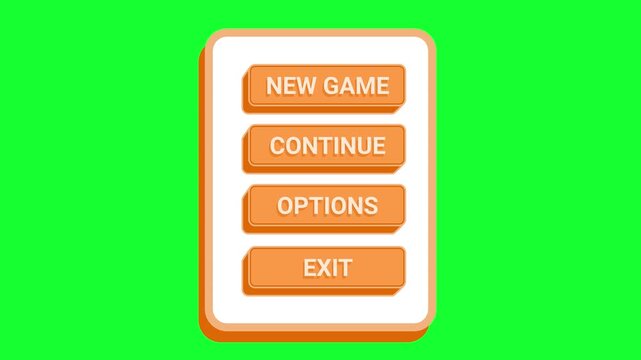 GAME MENU 3D orange panel with New Game, Continue, Options, and Exit buttons on green screen background. Modern game UI animation template.