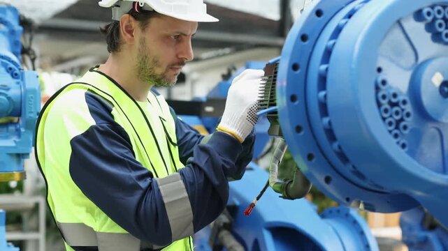Male robotics engineer knowledge skills inspect electrical systems power supplies and sensors welding robots various points ensure quality welding robot before performing full electrical system test.