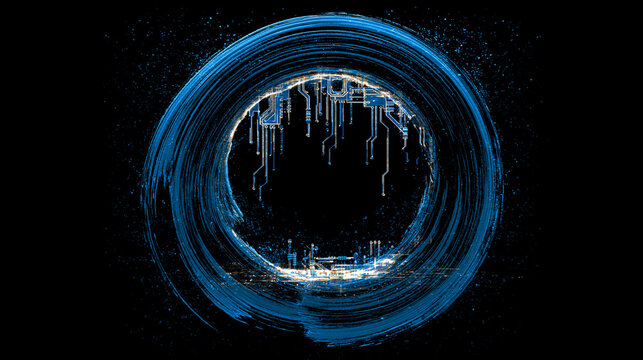 Zen circle ensō brushstroke with hanging glowing circuit pattern