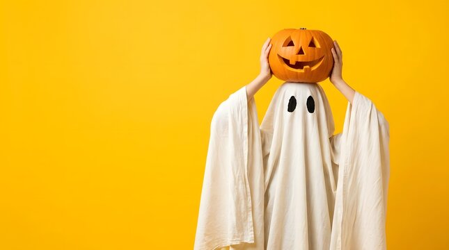 A person dressed in a white ghost costume holding a carved jack o lantern pumpkin head against a bright yellow background