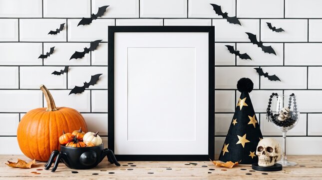 Empty black picture frame mockup with pumpkin and bats for a festive halloween home interior decoration background display