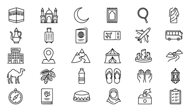 Islamic Pilgrimage Hajj Travel and Umrah Outline Vector Icons