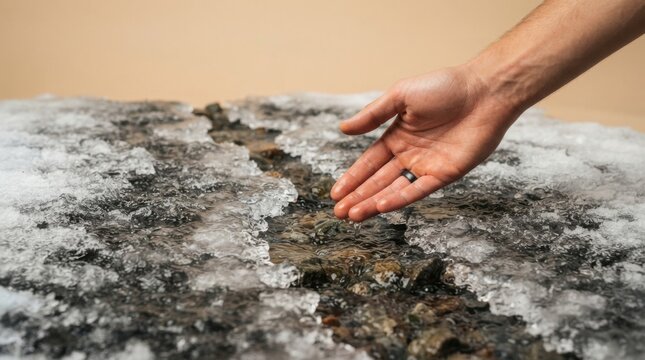 A person touching a rock warming a frozen stream symbolizing change management and nature's resilience