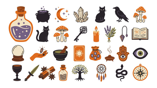 Set of magic items and witchcraft symbols including potion bottles, black cats, crystals, tarot cards, candles, and spiritual tool