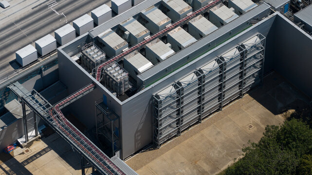 An aerial view reveals a data center with a large HVAC system