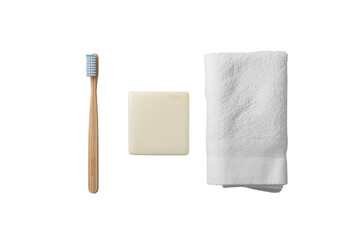 Obraz premium Minimal bathroom set with toothbrush soap bar and folded white towel