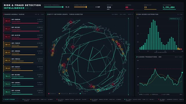Explore a dark-mode risk and fraud detection dashboard featuring a complex network graph with flagged entities and detailed anomaly insights. professional stock footage for technology, business, and.