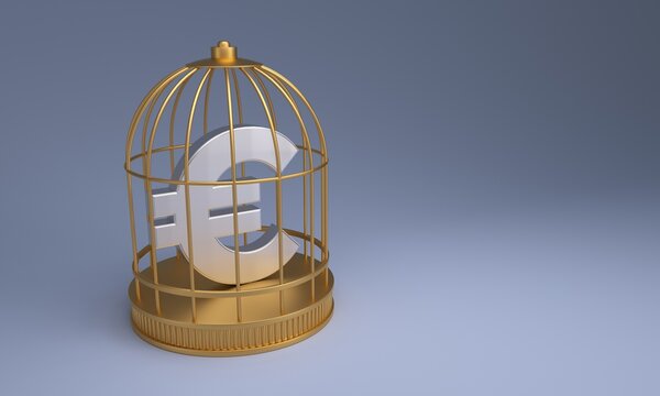 A silver euro symbol sits trapped inside a golden birdcage