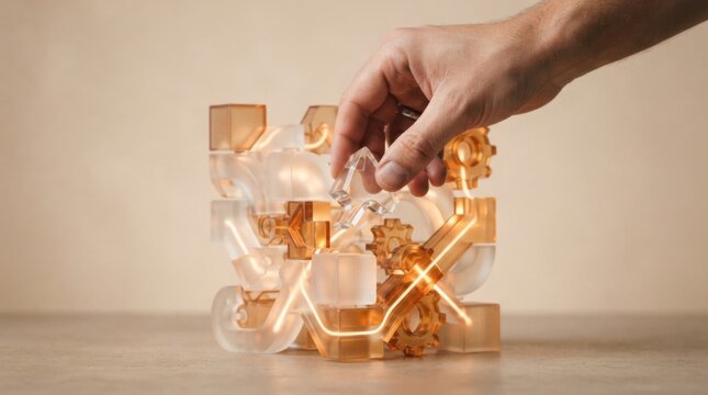 Human hand carefully inserting a piece of glass to optimize business processes and enhance operational efficiency