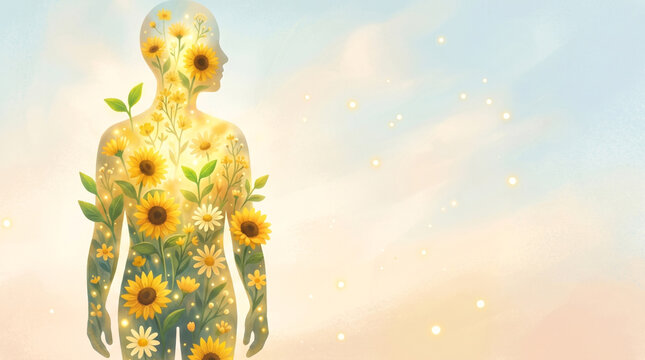 Aymbolic human silhouette filled with blooming yellow flowers and soft glowing light, representing emotional healing, resilience, hope, personal growth, Yellow September awareness, autocide prevention
