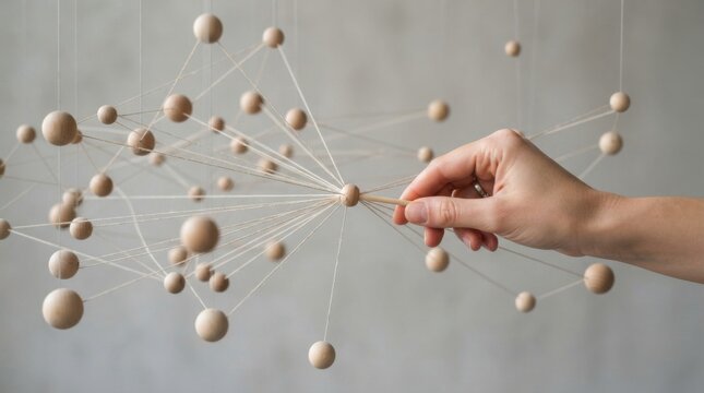 A hand holding a string sculpture while pulling pin spheres demonstrating network effect and creativity