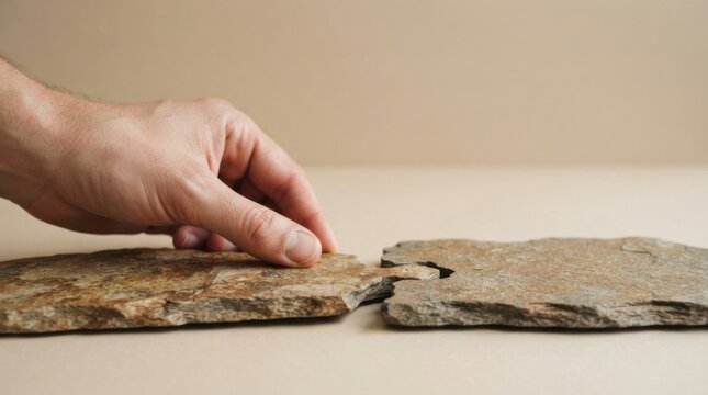 Person's hand touching a piece of rock symbolizing business evolution and connection with earth?s natural elements
