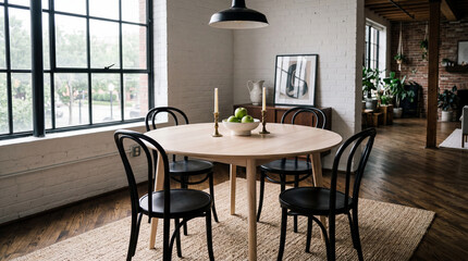 Fototapeta premium Modern dining room with round wooden table black chairs and large windows for interior design and real estate marketing