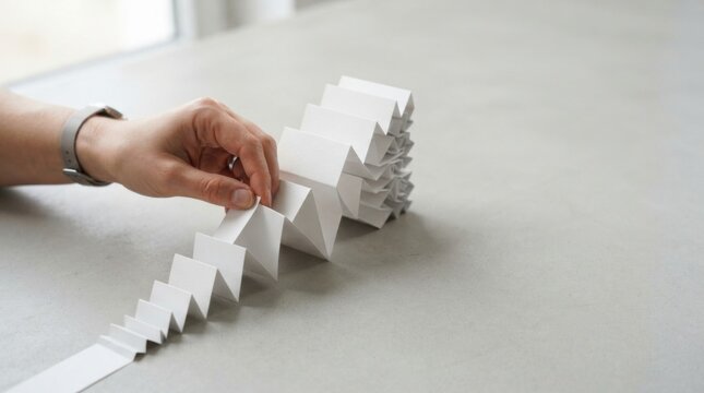 Person holding a piece of paper folding it into geometric layers representing exponential growth and innovation