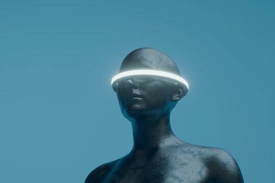 A metallic humanoid cyborg wears a glowing visor in a blue space