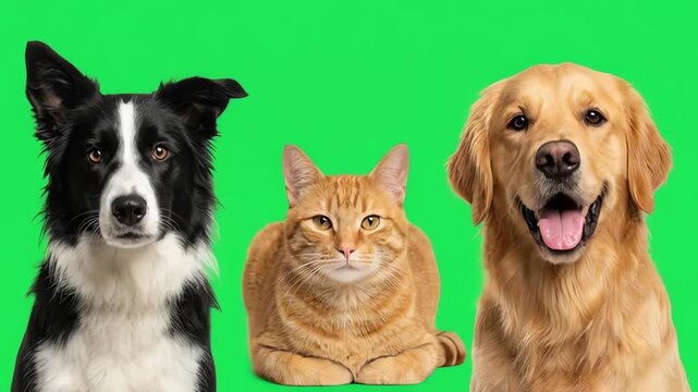 Three domestic pets sitting together including border collie, golden retriever and tabby cat on green screen