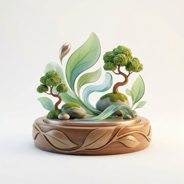 Subtainability Soft 3D Illustration environmental balance nature leaf tree moss stone wood ecology sustainability