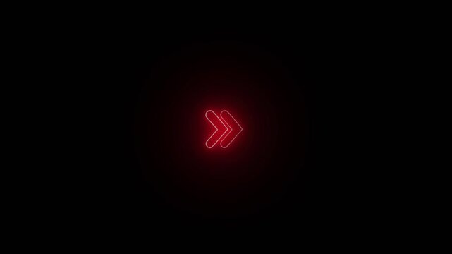 Bright red neon double arrow sign pointing forward a glowing icon indicating direction or moving forward, isolated against a dark