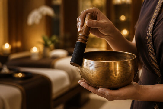 Woman therapist using tibetan singing bowl for sound healing therapy in wellness center. Holistic spa treatment for stress relief and relaxation. Meditation and spiritual practice.