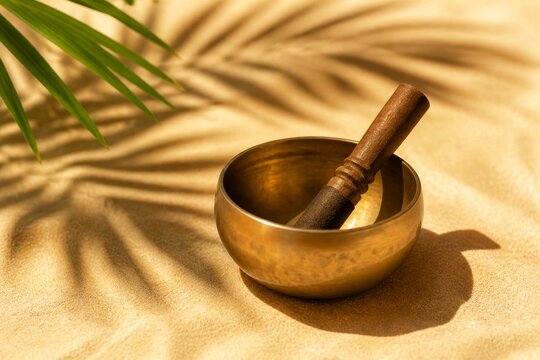 Tibetan singing bowl with wooden mallet on sand. Zen meditation tool for sound healing and relaxation therapy. Spiritual wellness practice with palm leaf shadow for mindful balance.
