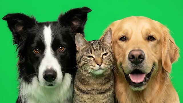 Border collie and golden retriever with tabby cat posing together isolated on green screen