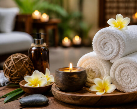 Tibetan singing bowl with burning candle and towel rolls for spa treatment. Relaxation and wellness concept. Traditional zen therapy with plumeria flower and zen stone in salon.