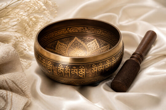 Tibetan singing bowl with engraved mantra and wooden mallet on silk cloth. Metal instrument for sound healing and meditation. Spiritual practice equipment for relaxation and zen therapy.