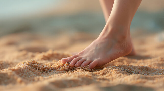 Toes curling into warm golden sand with fine grain texture and wide negative space in a beach background setting