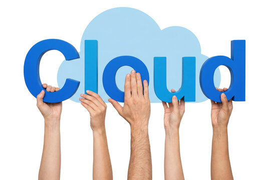 Group of hands holding the word Cloud in front of a light blue cloud shape