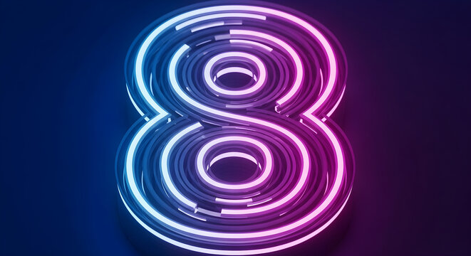 Neon Glowing Number Eight Symbolized by Vibrant Purple and Blue Futuristic Circular Light Lines on Dark Background