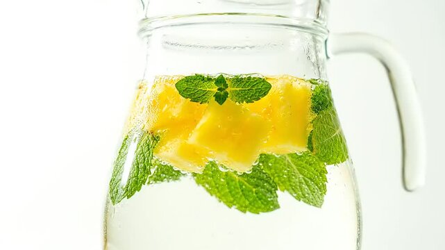 Refreshing infused water in a glass pitcher with fresh pineapple chunks and mint leaves for a healthy summer drink