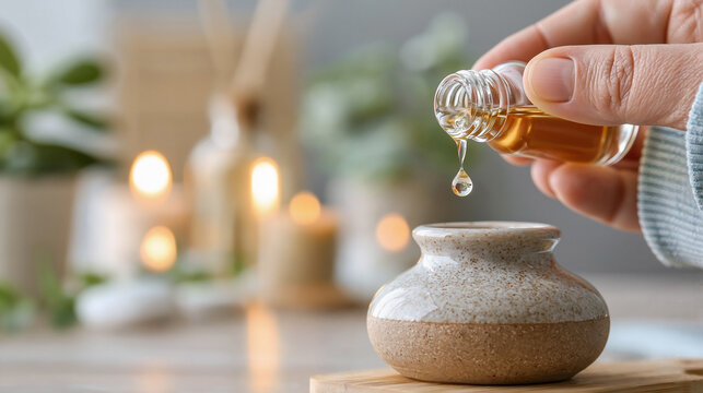 Hand pouring essential oil drops from a glass bottle into a ceramic diffuser with a droplet falling on a neutral background