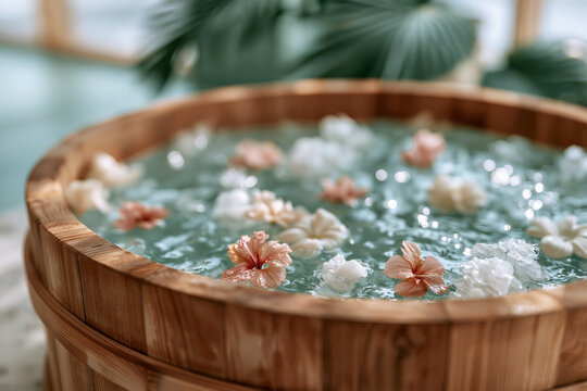 Wooden ice bath tub filled with cold water and tropical flower petals surrounded by palm leaves in a spa wellness setting with green and white tones