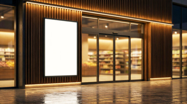 Blank vertical illuminated advertising mockup outside luxury retail store with architectural lighting