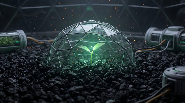 Future Earth Botany Lab: A vibrant green seedling sprouts within a futuristic geodesic dome, symbolizing hope and innovation in an enclosed, artificial environment.