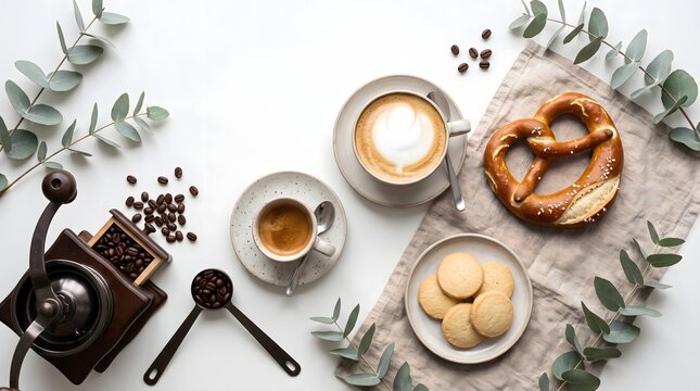 Minimal German Coffee Flat Lay for International Coffee Day with Coffee Beans and Pretzel