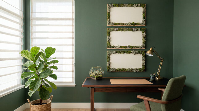 Modern home office with green walls wooden desk and fiddle leaf fig plant for remote work productivity and wellness design