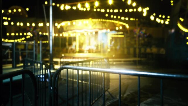 Locked carousel glowing behind metal barrier, railings in foreground, bright center blurred into golden bokeh, damp pavement mirroring bulbs, closed gates