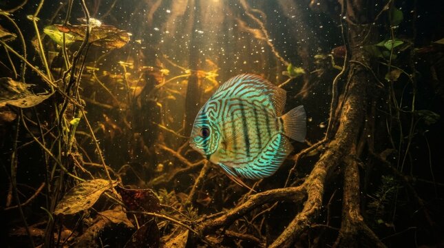 Discus Fish Swimming Underwater Sunrays Clear Water Amazon River