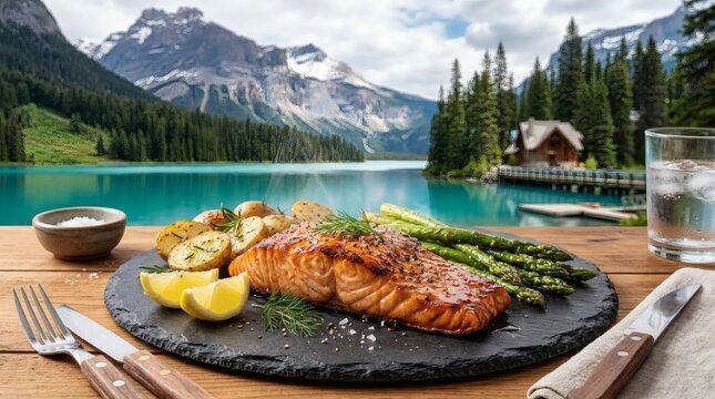 Grilled Salmon Fish Dish Mountain Lake Forest Landscape Dining