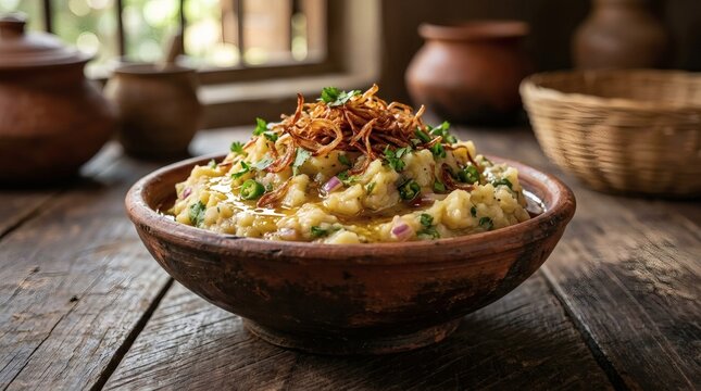 Mashed Potato Bowl Rustic Wooden Table Cooking Food Dining